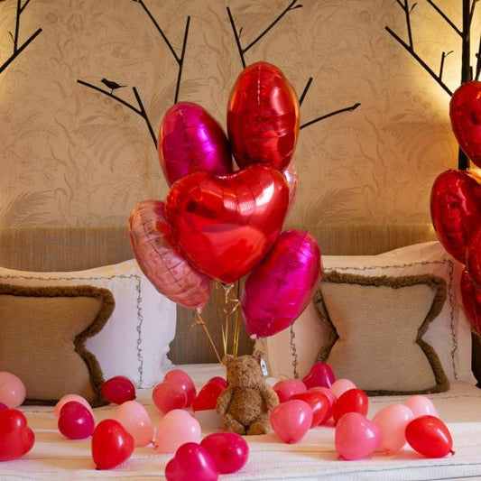 Half Dozen Mixed Red Hearts & Cuddly Toy Inflated Foil Bunch